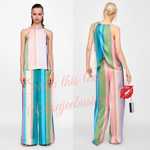 ZARA Pastel Striped Open Back Halter Top & Flowy Palazzo Pants 2pc Coord Set NWT - Picture 1 of 9